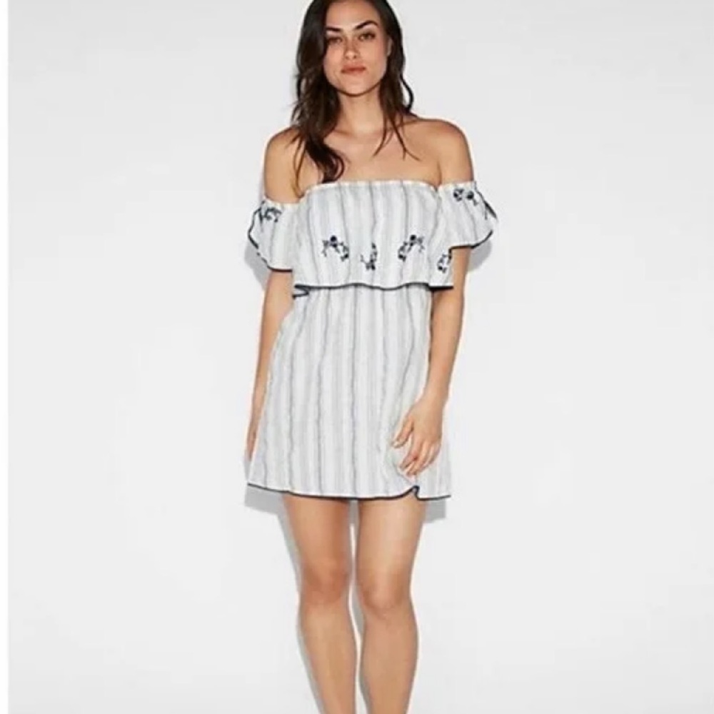 Express off shoulder embroidered white and blue stripes shift mini dress‎ XS